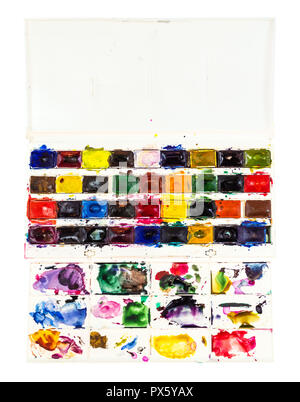 set of used watercolor paints in a plastic box with a pallet isolated on white background Stock Photo