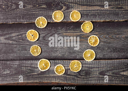 Christmas decorations on wooden background. Simple natural composition, flat lay, top view Stock Photo
