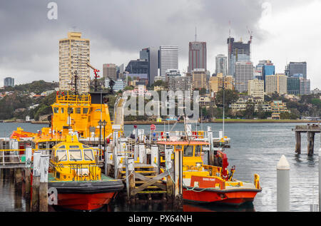 Port Authority of New South Wales workboats moored at Moores wharf Millers Point Walsh bay Sydney NSW Australia. Stock Photo