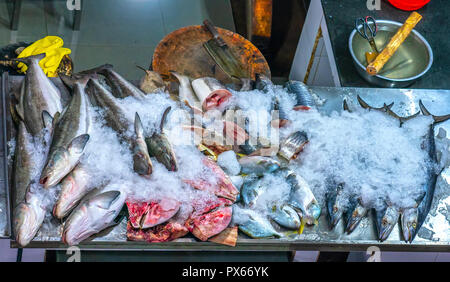 Colorful sea fish is sold at the market. This is a good nutritional protein for the human body Stock Photo