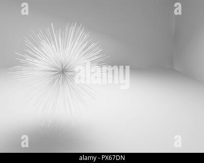 Abstract sharp star shaped white object flying in empty room, 3d illustration Stock Photo