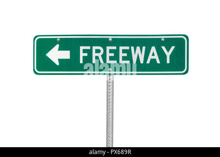 Green freeway arrow sign isolated on white. Stock Photo