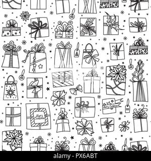 Christmas presents seamless pattern. Hand drawn cartoon gift boxes in various shapes. Vector illustration isolated on white. Stock Vector