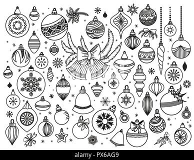 Doodle set of Christmas decoratins. Hand drawn Christmas balls, bells and toys in various shapes with ribbons and bow. Vector illustration isolated on white. Design elements collection. Stock Vector