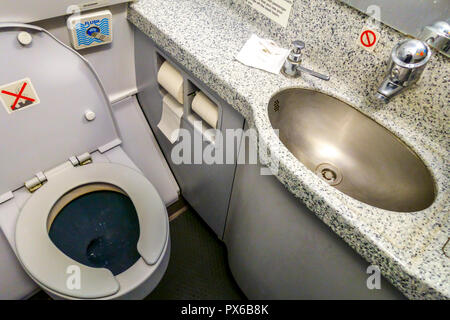 Airplane toilet seat, Airbus A320 Plane toilet Stock Photo