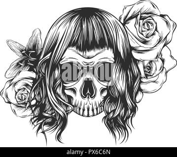 Skull with flowers, with roses. Drawing by hand. . Illustration Stock Vector