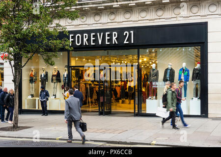 FOREVER 21, is a Californian fast fashion retailer. Shown is shop in Oxford Street, London. Stock Photo