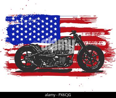 Hand drawn and inked vintage American chopper motorcycle with american flag Stock Vector