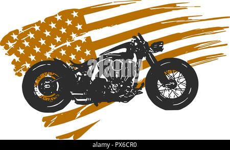 Hand drawn and inked vintage American chopper motorcycle with american flag Stock Vector