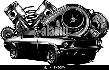 Vintage car components collection witn automobile motor engine piston steering wheel tire headlights speedometer gearbox shock absorber isolated vector illustration Stock Vector
