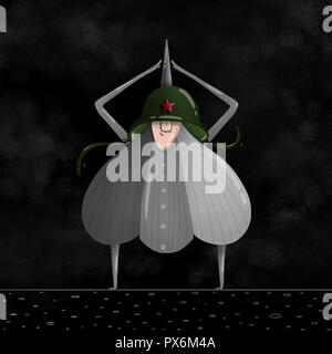 cartoon garlic in a military helmet and shirt folded handles house over his head on the black background Stock Photo