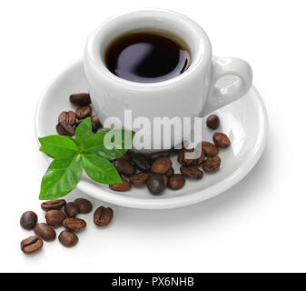 a cup of black coffee with roasted coffee beans and leaves on white  background Stock Photo