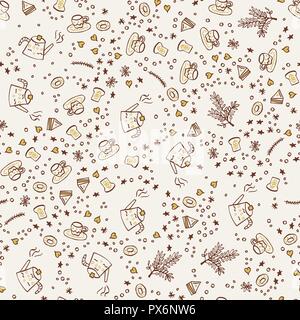 Tea time seamless pattern in beige colors. Stock Vector