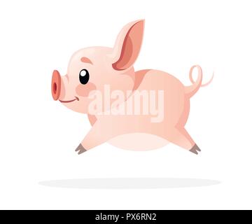 Cute pig. Cartoon character design. Running little pig. Flat vector illustration isolated on white background. Stock Vector