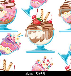 Seamless pattern. Set of Ice cream dessert in a glass bowls. Fruit sweet dessert with wafer straws, berries, chocolate. Flat vector illustration on wh Stock Vector