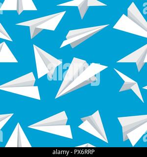 Seamless pattern. White paper planes. Flat airplanes. Vector illustration on blue background. Stock Vector