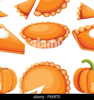 Seamless pattern. Pies Vector Illustration.Thanksgiving and Holiday Pumpkin Pie. Happy Thanksgiving Day traditional pumpkin pie with whipped cream on  Stock Vector