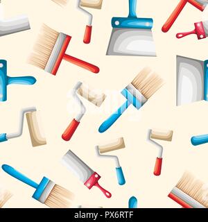 Seamless pattern. Work tools. Paint brush and roller. Flat vector illustration on beige background. Stock Vector