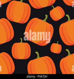 Seamless pattern. Orange pumpkins. Vegetable in flat style. Vector illustration on black background. Stock Vector