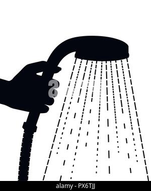 Black silhouette. Hand hold shower head. Water drops. Flat vector illustration isolated on white background. Stock Vector