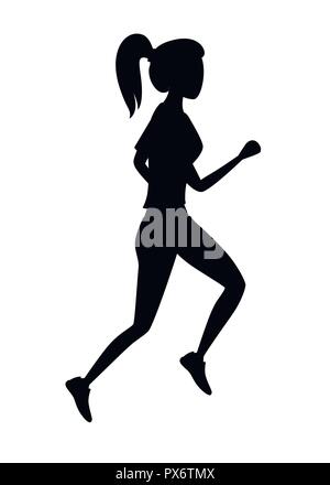 Black silhouette. Women running in sports wear. No face cartoon character design. Flat vector illustration isolated on white background. Stock Vector