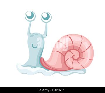 Cute sea snail. Cartoon character design. Blue snail with pink shell. Flat vector illustration isolated on white background. Stock Vector