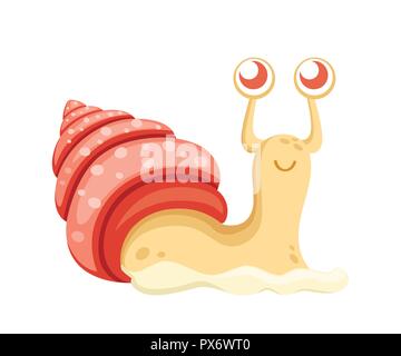 Cute sea snail. Cartoon character design. Yellow snail with red shell. Flat vector illustration isolated on white background. Stock Vector