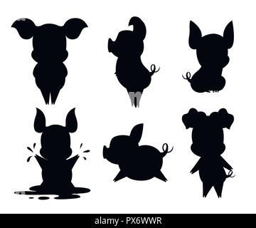 Black silhouette. Cute pig collection. Cartoon character design. Little pigs in different poses. Clean and mud. Flat vector illustration isolated on w Stock Vector