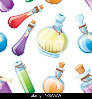 Seamless pattern. Set of magic potions. Bottles with colorful liquid. Game icon of magic elixir. Purple potion flat icon. Mana, health, poison or magi Stock Vector