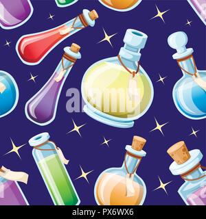 Seamless pattern. Set of magic potions. Bottles with colorful liquid. Game icon of magic elixir. Purple potion flat icon. Mana, health, poison or magi Stock Vector