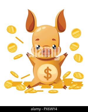 Cute piggy bank. Cartoon character design. Little pig play with gold coin. Falling coins. Flat vector illustration isolated on white background. Stock Vector