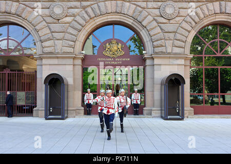 The honor guard at the entrance of the administrative building of the President of the Republic of Bulgaria in Sofia, Bulgaria Stock Photo