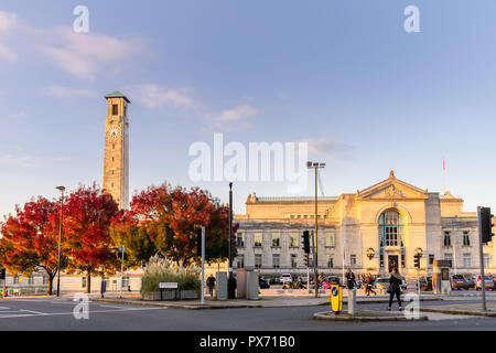 The Civic Centre with its prominent Clock Tower during autumn 2018 in the city centre of Southampton - street scene, Hampshire, England, UK Stock Photo