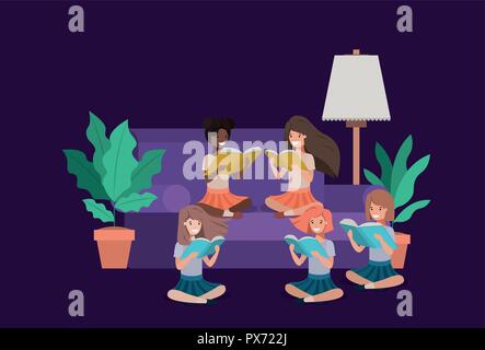 students sitting in the livingroom reading book Stock Vector