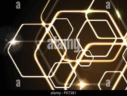 Glowing orange neon abstract hexagons background. Vector template design Stock Vector