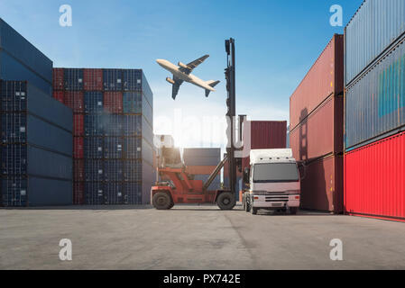 Industrial container yard with forklift working in shipyard at morning for logistic import export background