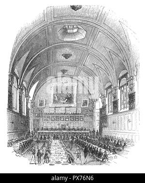 The Hall of the Honourable Society of Lincoln's Inn, one of the four Inns of Court in London to which barristers of England and Wales belong and where they are called to the Bar. (The other three are Middle Temple, Inner Temple and Gray's Inn.) Lincoln's Inn is recognised to be one of the world's most prestigious professional bodies of judges and lawyers. It is situated in Holborn, in the London Borough of Camden, just on the border with the City of London and the City of Westminster. Stock Photo