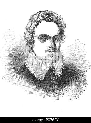 Michael Drayton (1563-1631), born at Hartshill, near Nuneaton, Warwickshire, England, was an English poet who came to prominence in the Elizabethan era to rank only slightly below Sir Philip Sidney, Edmund Spenser, and Ben Jonson.  Although Drayton often lacks dramatic power and intellectual depth, he has been rightly praised for his versatility, narrative skill, and insight into character. His work reflects the many poetic fashions of the day. He died in London in 1631 and was buried in Westminster Abbey. Stock Photo