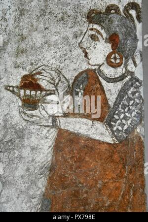 Priestess making offerings. 1550-1500 BC. Fresco, from The West House, Akrotiri, Thera (now Santorini). National Archaeological Museum. Athens, Greece. Stock Photo