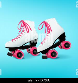 Pair of white roller skates with pink shoelaces on blue background Stock Vector