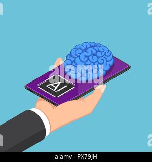 Flat 3d isometric businessman hand holding smartphone with AI brain. Artificial intelligence technology concept. Stock Vector