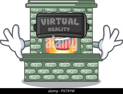 Virtual reality cartoon stone fireplace with the flame Stock Vector