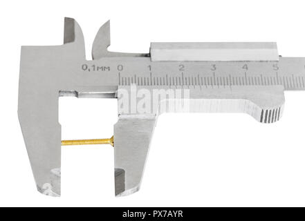 top view old steel calipers measures brass screw close up isolated on white background Stock Photo