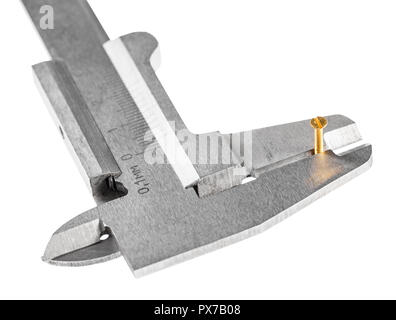 above view of old steel callipers measures brass screw close up isolated on white background Stock Photo