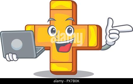 With laptop character line draw symbol plus sign Stock Vector
