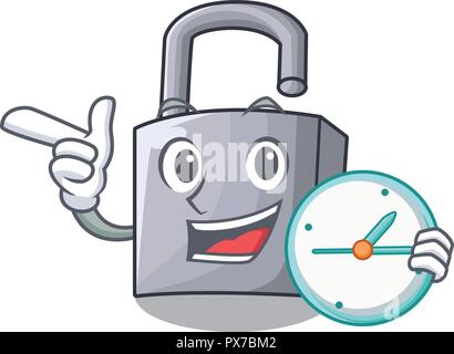 With clock cartoon unlocked padlock on the table Stock Vector