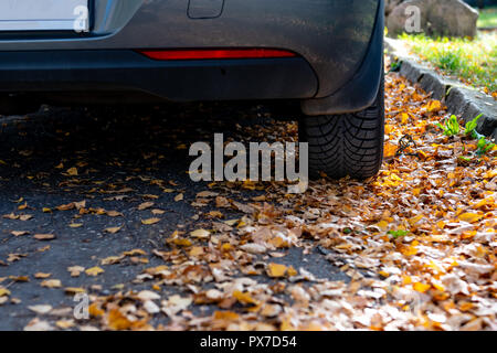 Season tire change. Car with new winter tires on the road for autumn leaves. Safety on a slippery autumn road. Stock Photo