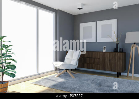 Contemporary living room interior with grey wall and large windows, 3D Rendering Stock Photo