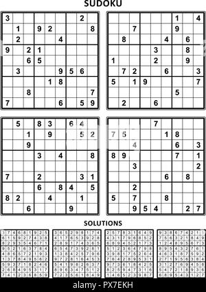 Four sudoku puzzles of comfortable (easy, yet not very easy) level, suitable for large print books, answers included. Set 15. Stock Vector