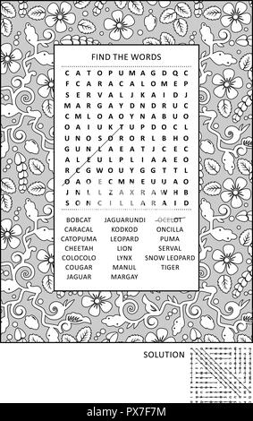 Puzzle and coloring activity page with wild cats word search puzzle (English) and wide decorative frame to color. Answer included. Stock Vector